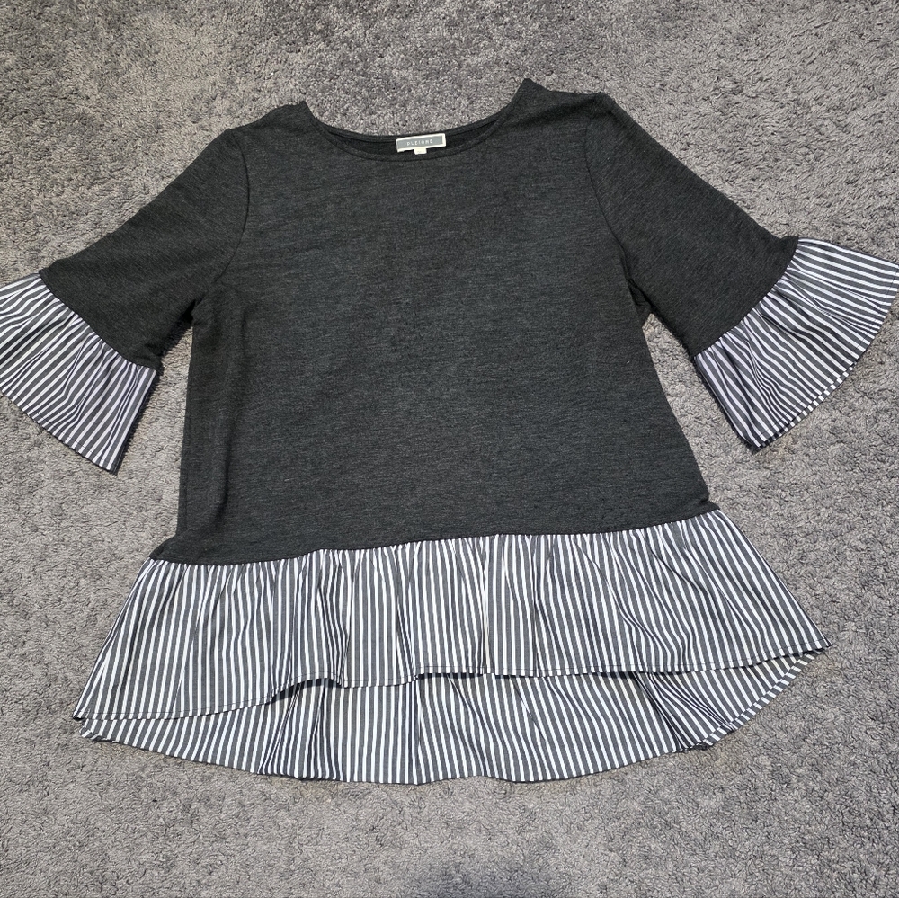 Pleione Charcoal Top with Striped Ruffle